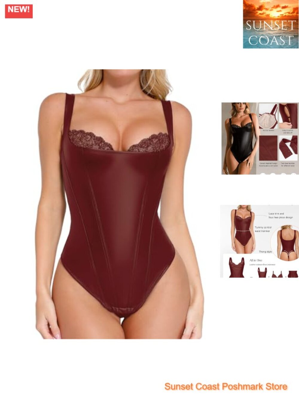 Faux Leather Lace Corset Bodysuit Shaper Side Zip Open Crotch